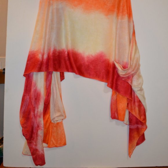 Shawl Scarf with Pouches Orange-Red-Yellow Wide White Prints Silky Wrap 70'x25' - Picture 7 of 13